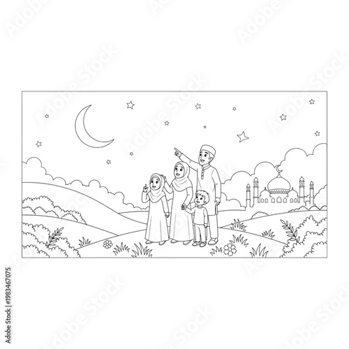 Family pointing at crescent moon in night sky