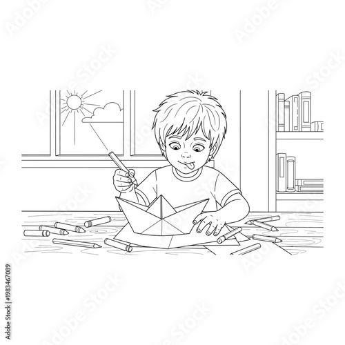 Little boy folding paper boat coloring page illustration
