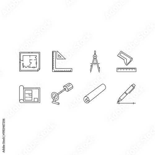 Set of architectural planning and drafting instruments