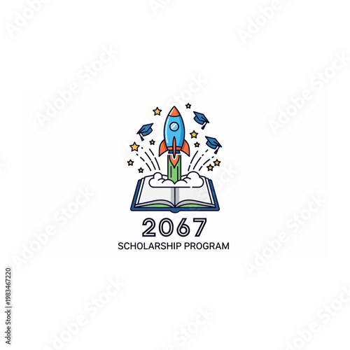 Educational scholarship program concept with rocket launching from an open book