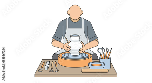 A focused potter wearing a grey apron sits at a pottery wheel meticulously shaping a tall white ceramic vase with tools on a sturdy wooden work table.