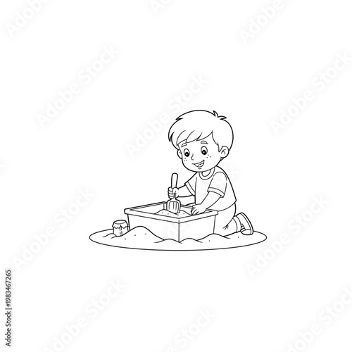 Line art drawing of a young boy playing with a sand toy bucket