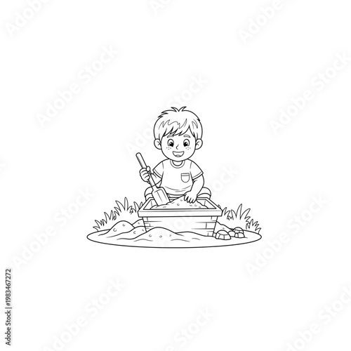Black and white line drawing of a child playing in a sandbox