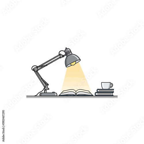 Desk lamp illuminating an open book with a cup of coffee nearby