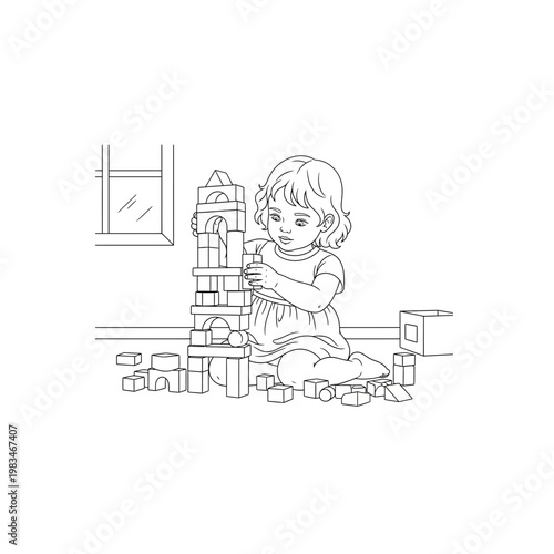 Little girl constructing a tall tower with toy building blocks