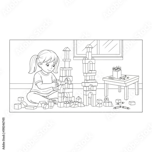 Young girl sitting on floor playing with stack of wooden building blocks