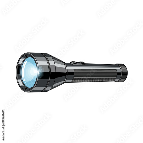Modern led metal flashlight illuminated beam isolated on white background