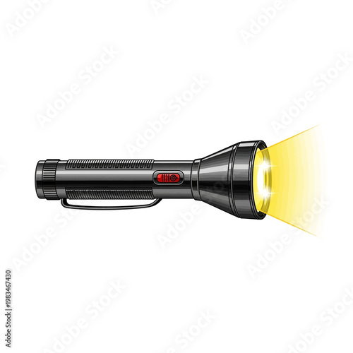 Professional led rechargeable flashlight with glowing yellow light beam
