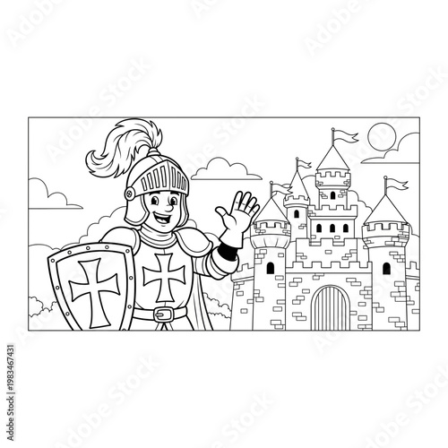 Knight in armor coloring page with castle background