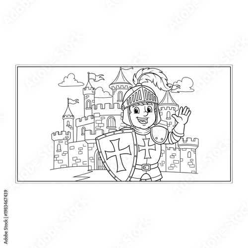 Coloring book illustration of a medieval knight and castle