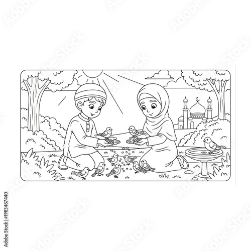 Kids gardening by mosque line art coloring page