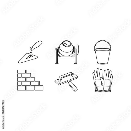 Set of hand drawn construction tools and masonry equipment icons