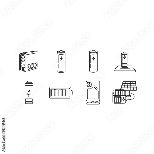 Set of various battery types and power storage icons