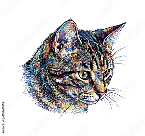 Close-up domestic cat head focusing on eyes nose and whisker pads with layered strokes creating strong facial structure and depth,