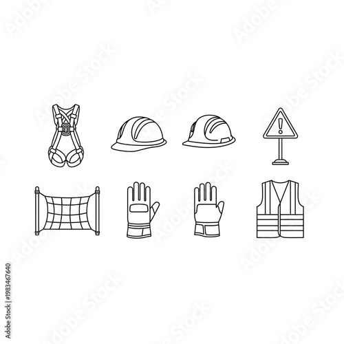 Industrial safety equipment construction gear icons set