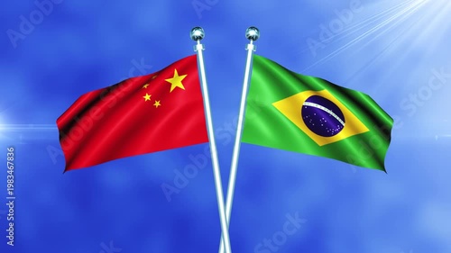 China and Brazil Flag Waving On Pole Loop