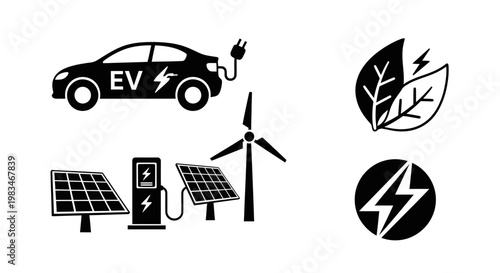 Renewable Energy Icons Set – Electric Vehicle, Solar Panel, and Wind Power Graphics