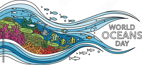 Colorful underwater scene featuring vibrant coral reefs and various tropical fish swimming along waves to celebrate world oceans day event