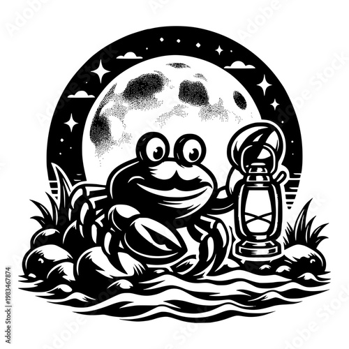 Moonlit Crab with Lamp: A cheerful crab stands under a moonlit sky, holding a lantern, blending whimsy and nocturnal wonder.