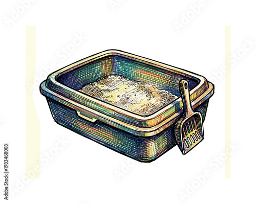 Cat litter box with rectangular shape and raised edges showing practical hygiene accessory for indoor cats in expressive vibrant