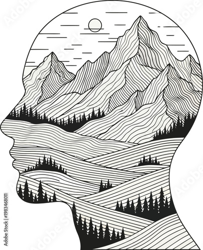 Serene line art illustration showing a human head silhouette in profile, revealing a peaceful inner landscape of mountains, forests, and valleys.