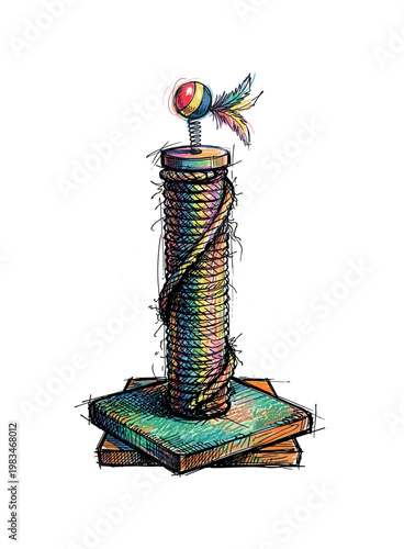 Cat scratching post with vertical column and textured surface forming essential feline claw care accessory in expressive vibrant
