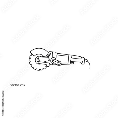 Line art drawing of a handheld power angle grinder tool