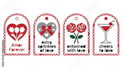 Love Tags for Celebration: A collection of charming love-themed tags, featuring artistic illustrations of hearts, roses, and cocktails, perfect for conveying messages of affection and celebration.
