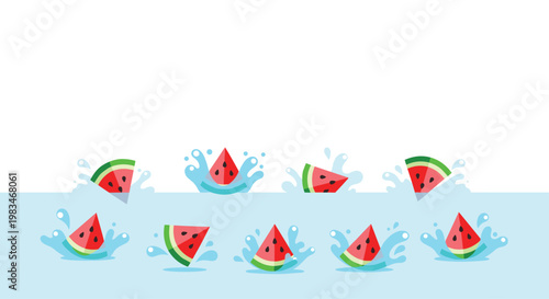 Numerous small triangular watermelon wedges create playful blue water splashes as they fall into a cool and refreshing light blue liquid surface area.