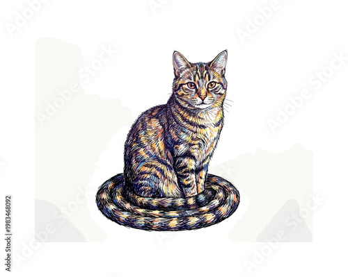 Sitting domestic cat in full body pose with relaxed posture and tail wrapped around the body highlighting soft fur density and
