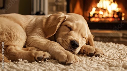 Golden retriever puppy sleeping on cozy rug by fireplace  