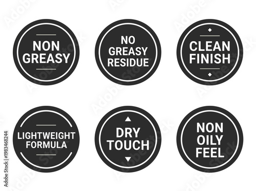 Non greasy emblems set: clean residue free certification seals for cosmetic and skincare product packaging