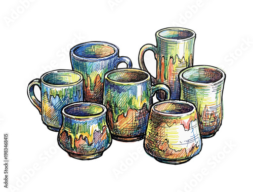 Set of ceramic cups grouped together with varied shapes and glaze textures forming cohesive handmade tableware collection in