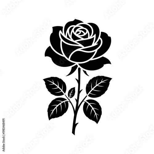 Vector Rose Stem and Leaf Icon, Minimalist Black and White Floral Clip Art