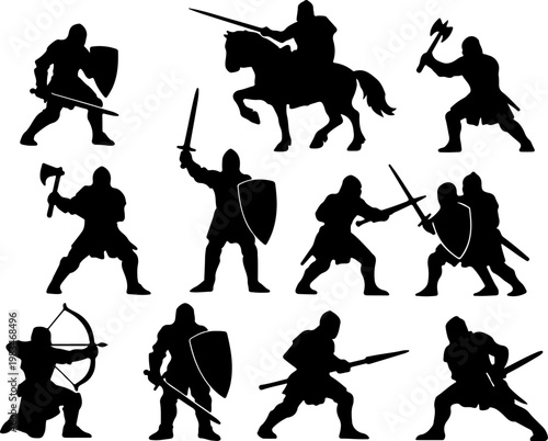 Medieval Knight Warrior Black Silhouette Set — Armored Soldier, Horseman, Archer, Swordsman, Shield, Axe, Spear Fighter Vector Collection