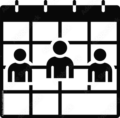 An icon of a monthly wall calendar showing three people figures to represent an organized schedule or group planning event