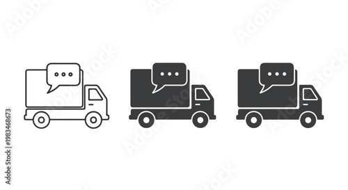 Set of three delivery trucks with speech bubbles indicating communication and logistics services in black and white