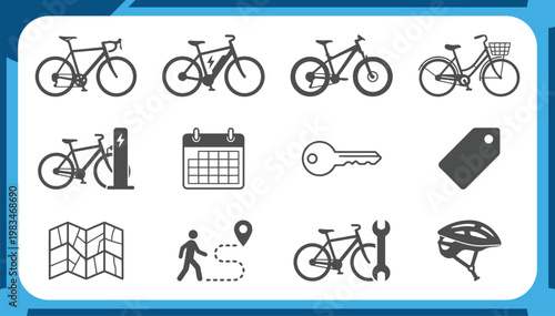 Large Collection of Bicycle Icons Featuring Electric Bike Charging, Mountain Cycling, City Bike Rental, Repair Service Tools and Outdoor Navigation Graphic Elements Vector Set