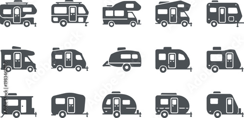 rv camper travel trailer silhouette icon set grid