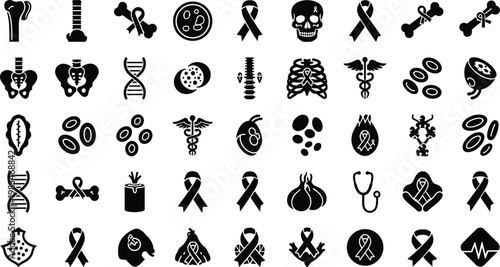 Bone marrow cancer and hematology oncology symbols black icon set including spine rib cage and cells