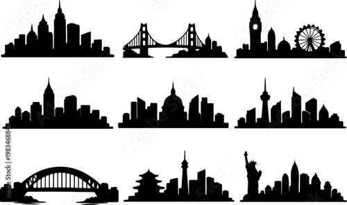 World Famous City Skyline Black Silhouette Set — New York, London, San Francisco, Sydney, Washington DC, Tokyo Cityscape Vector Collection
