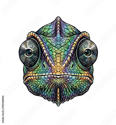 Frontal chameleon head with symmetrical features and protruding eyes highlighted by intricate scale texture and structured