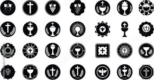 Christian symbols set with holy cross eucharist chalice dove and wheat for religious design graphics