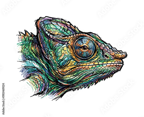 Chameleon head profile facing right with elongated snout and eye turret emphasized through directional pen strokes and layered