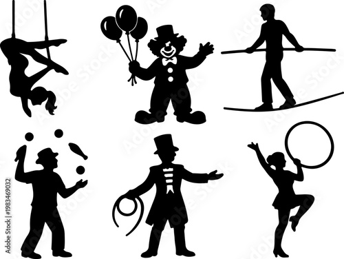 Circus Performers Black Silhouette Set — Clown, Acrobat, Juggler, Tightrope Walker, Ringmaster, Gymnast Vector Collection