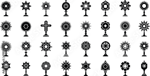 Eucharistic monstrance icon collection for religious worship ceremony black and white vector symbol