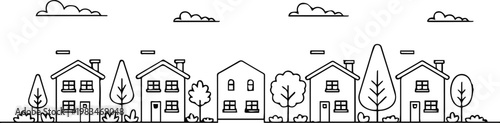 Foto house line drawing of suburban neighborhood with trees and clouds