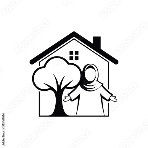 Home and Family concept illustration showing house with family members, representing love, protection, unity and domestic lifestyle.