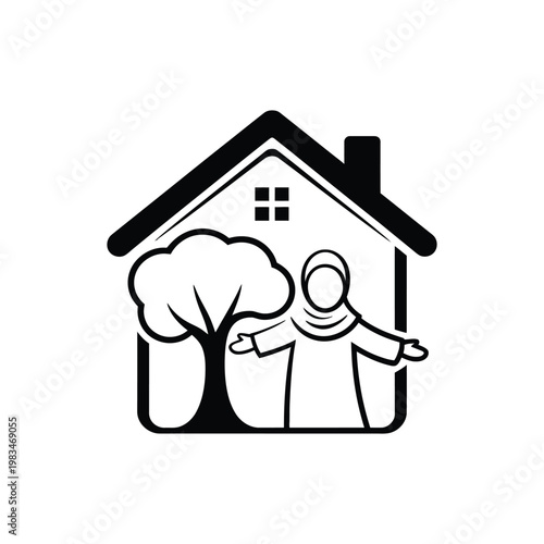 Home and Family concept illustration showing house with family members, representing love, protection, unity and domestic lifestyle.