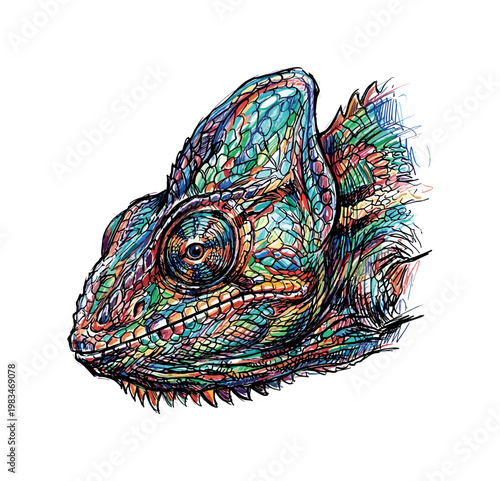 Chameleon head slightly angled downward with focused gaze and layered scale detail forming dynamic contours across face and crest,